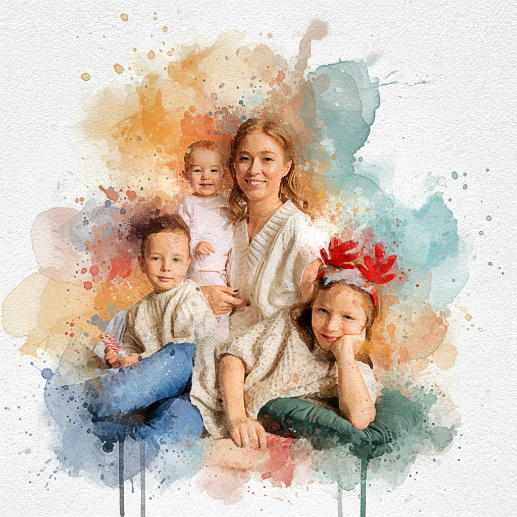 Custom Family Vibrant and Sketch Watercolor – Hand-Refined Digital Legacy Art