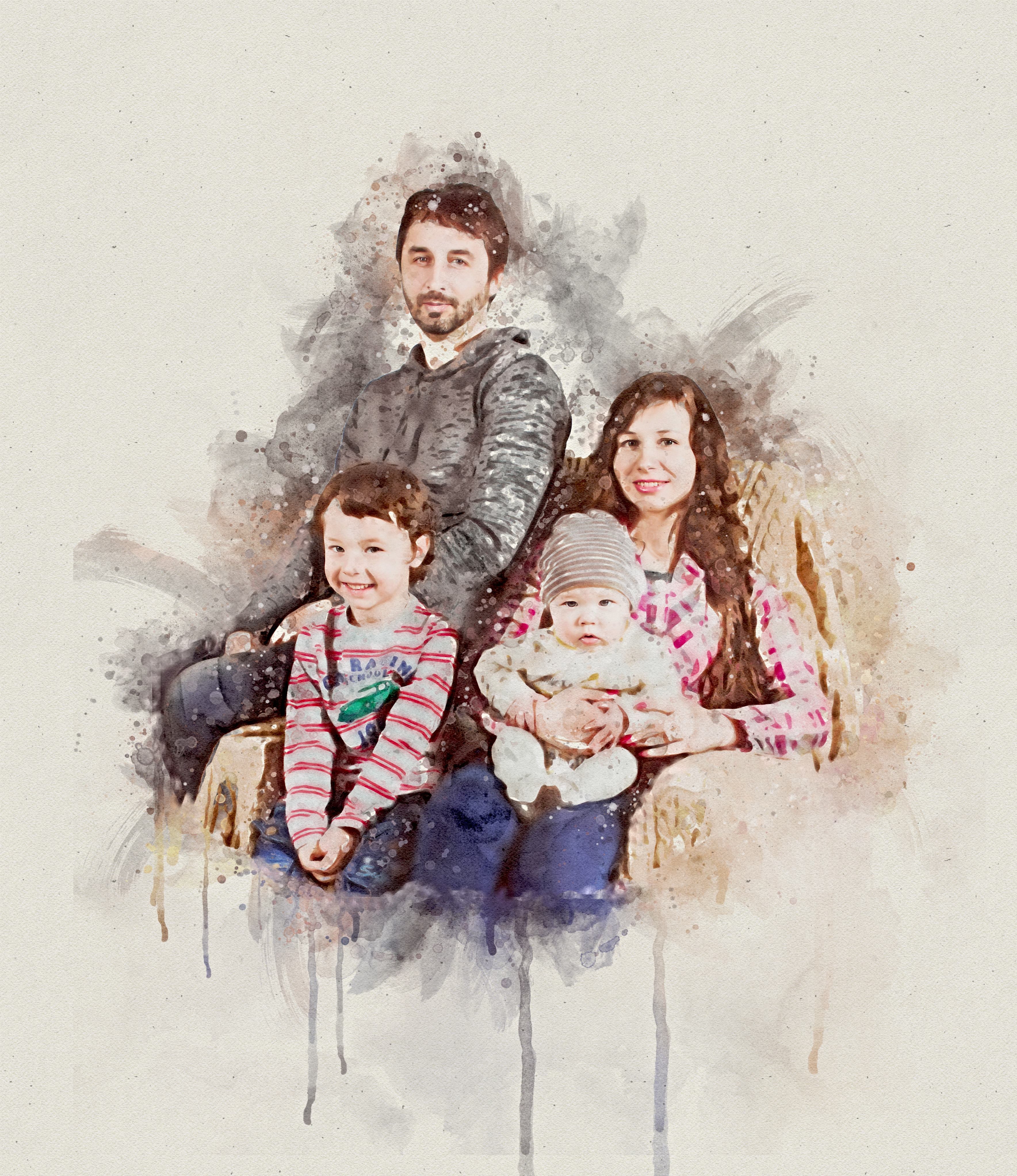 Custom Family Watercolor Portrait from Photo – Personalized Artwork for Home Decor & Meaningful Gifts