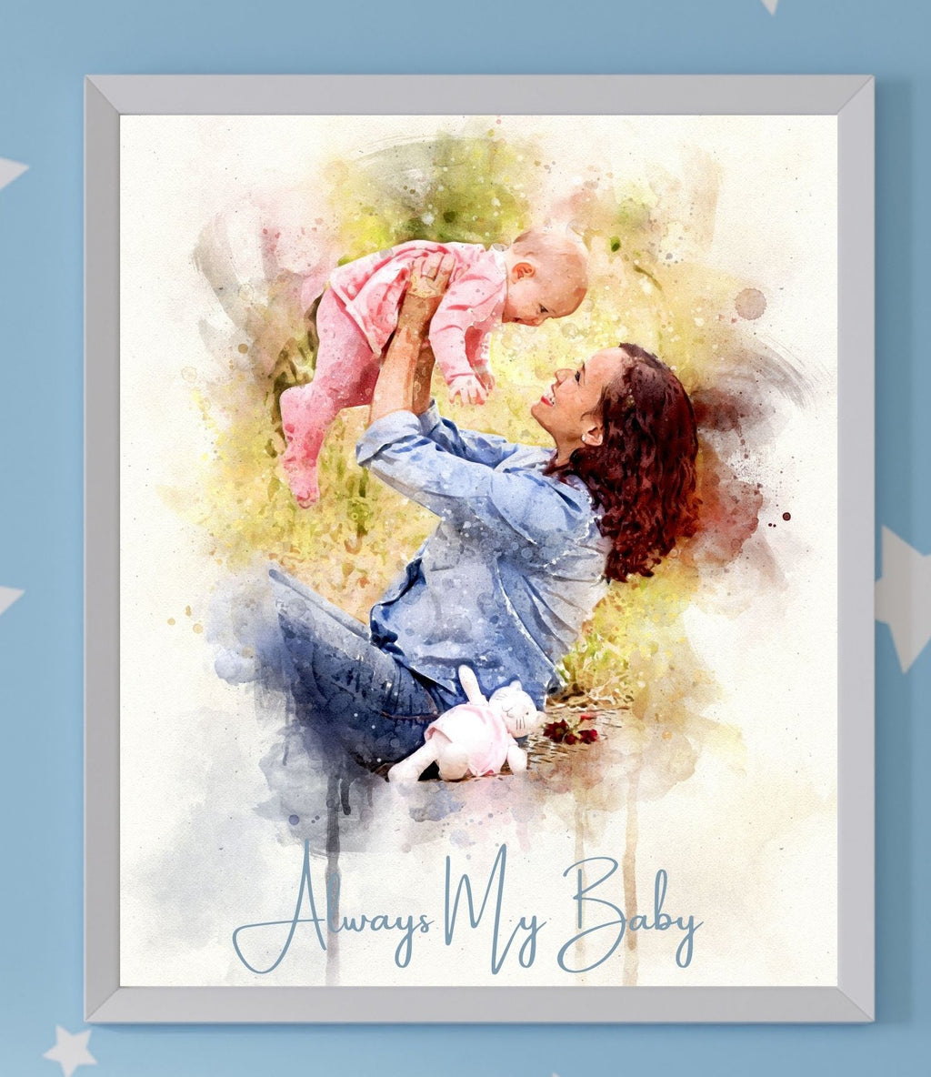 Custom Mother & Baby Watercolor Portrait – Personalized Artwork from Photo, Meaningful Gift for Mom