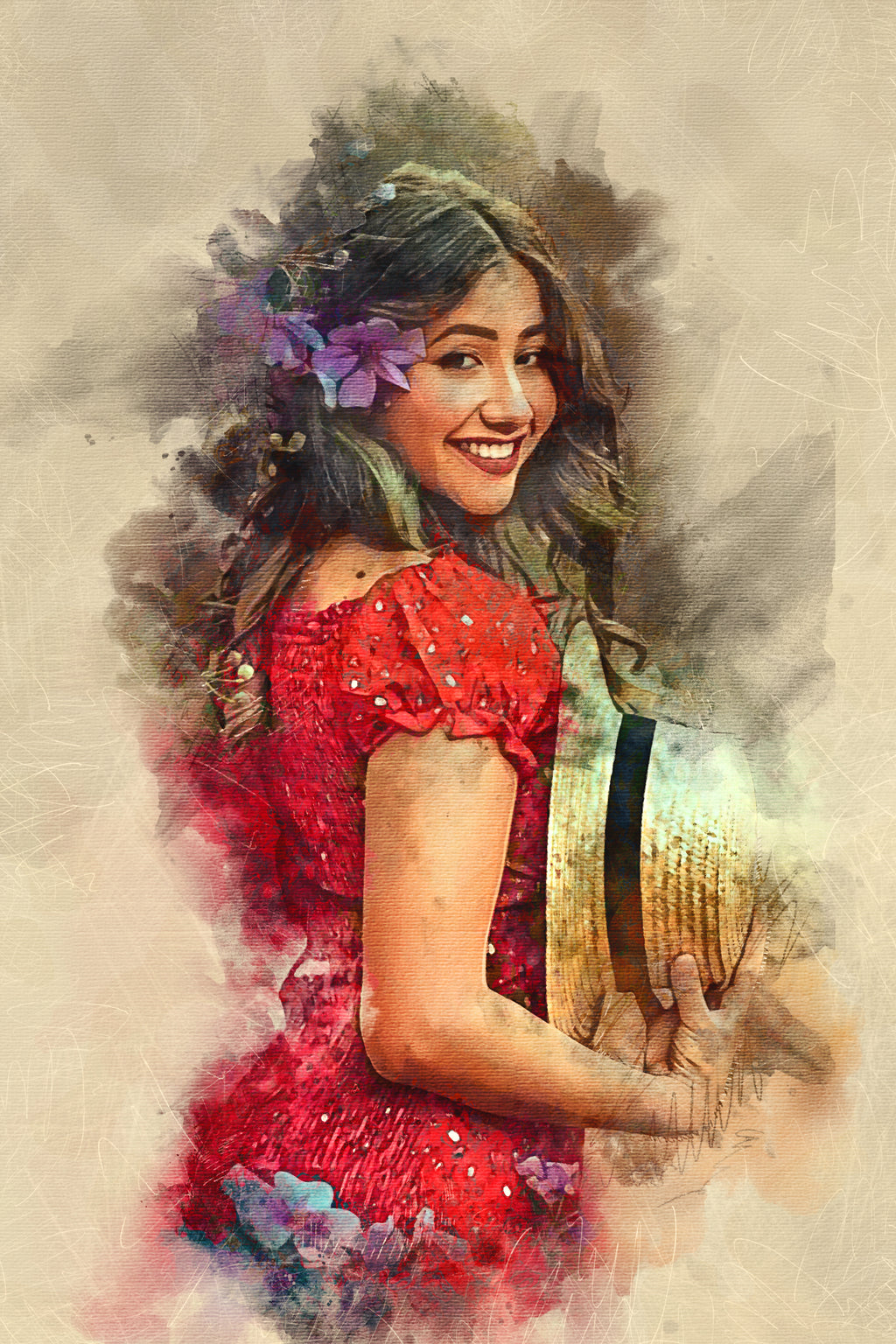 Textured Canvas Personal Watercolor Portrait – Bespoke Hand-Edited Digital Piece