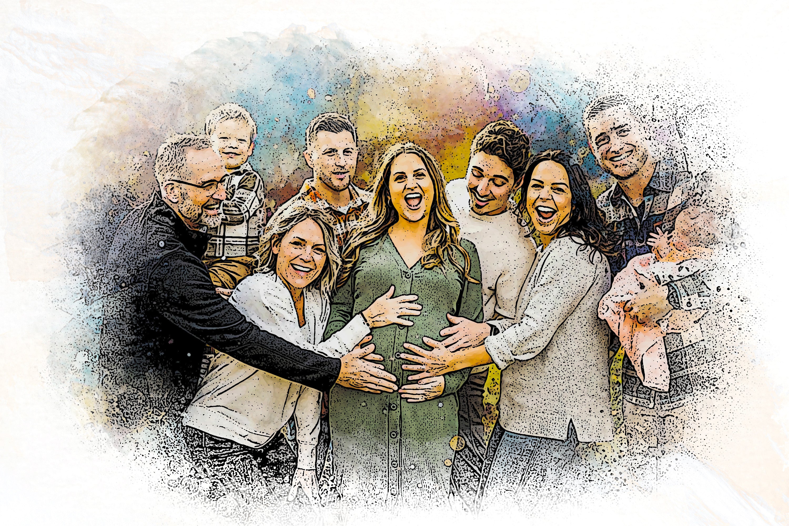 Custom Family Vibrant and Sketch Watercolor – Hand-Refined Digital Legacy Art