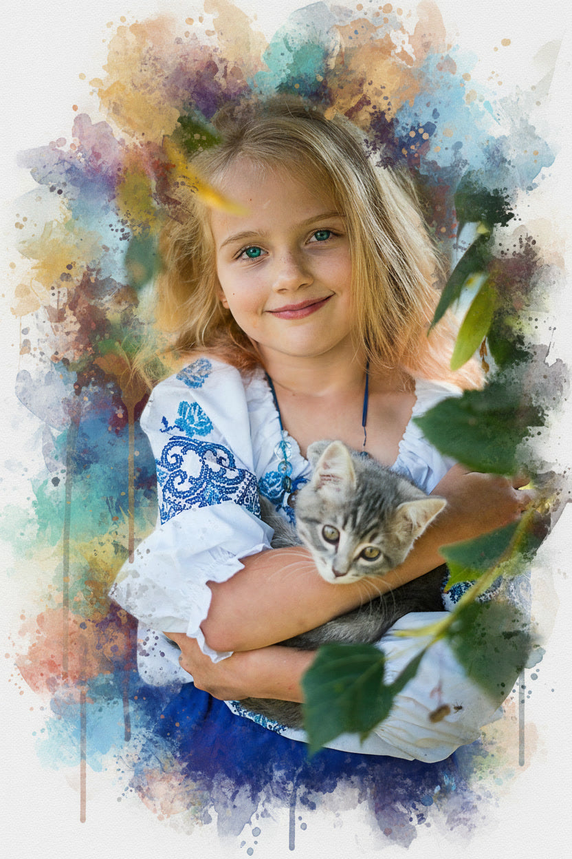 Custom Kids Watercolor Vibrant Sketch – Hand-Edited Childhood Portrait