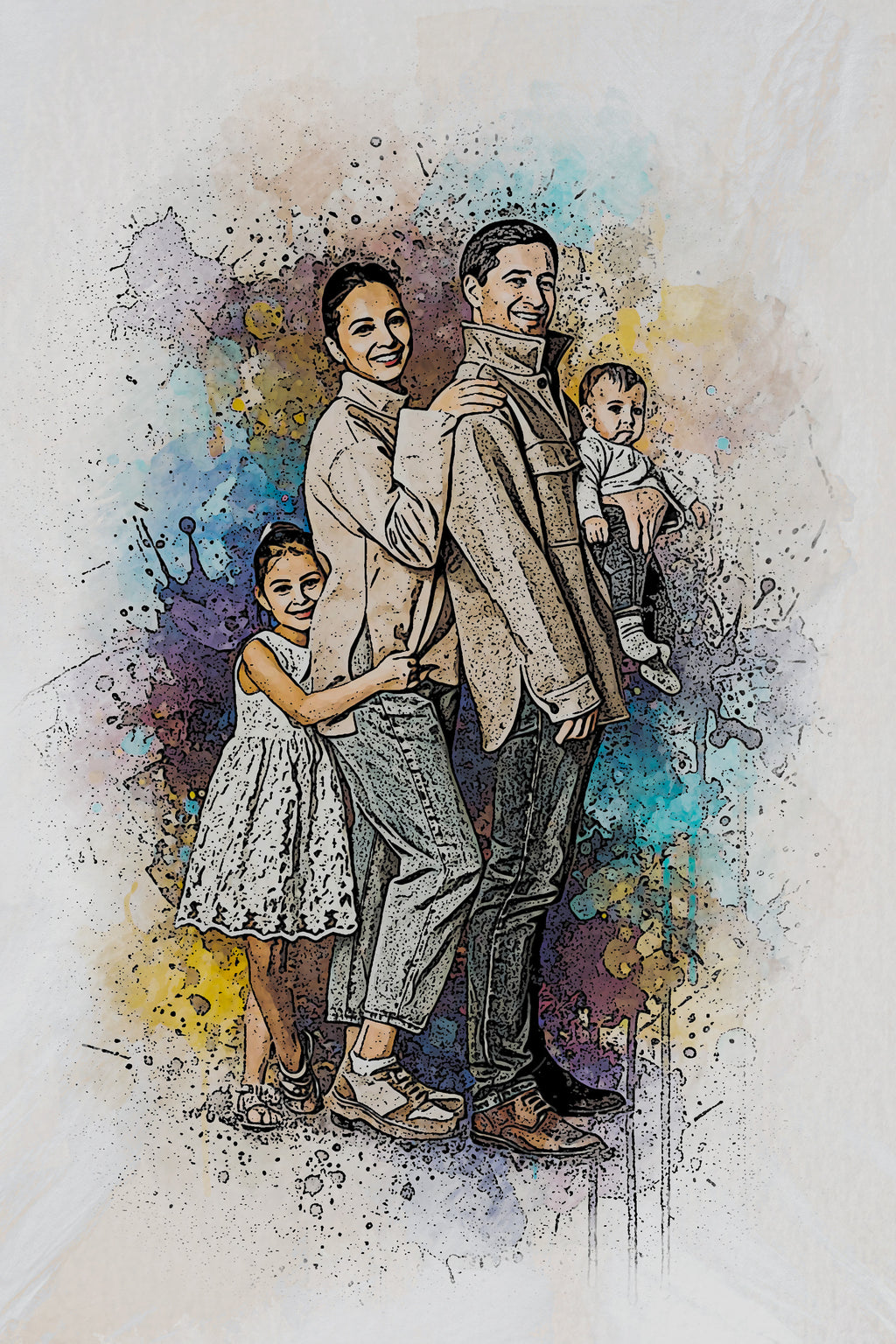 Custom Family Vibrant and Sketch Watercolor – Hand-Refined Digital Legacy Art