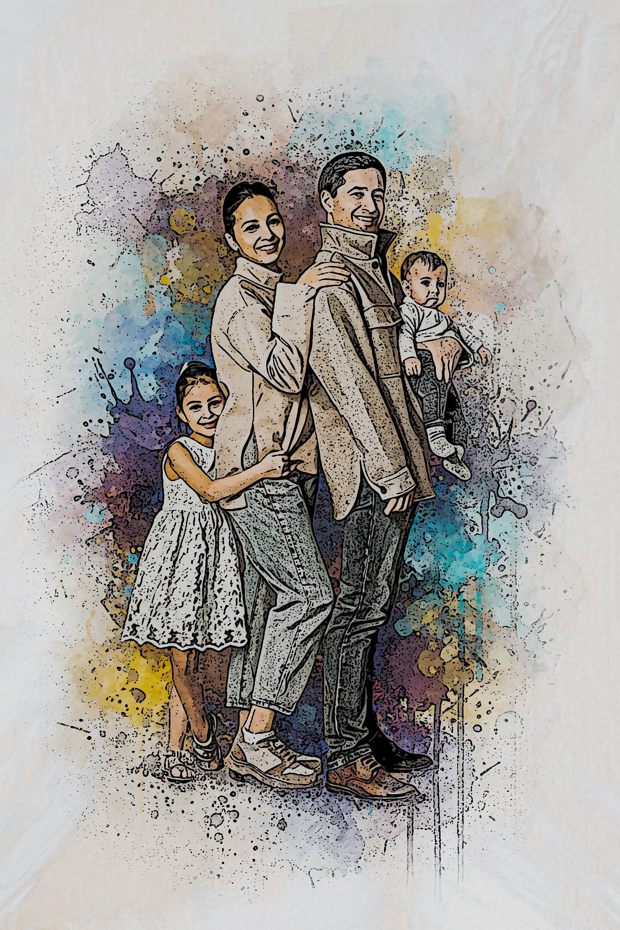 Custom Family Vibrant and Sketch Watercolor – Hand-Refined Digital Legacy Art
